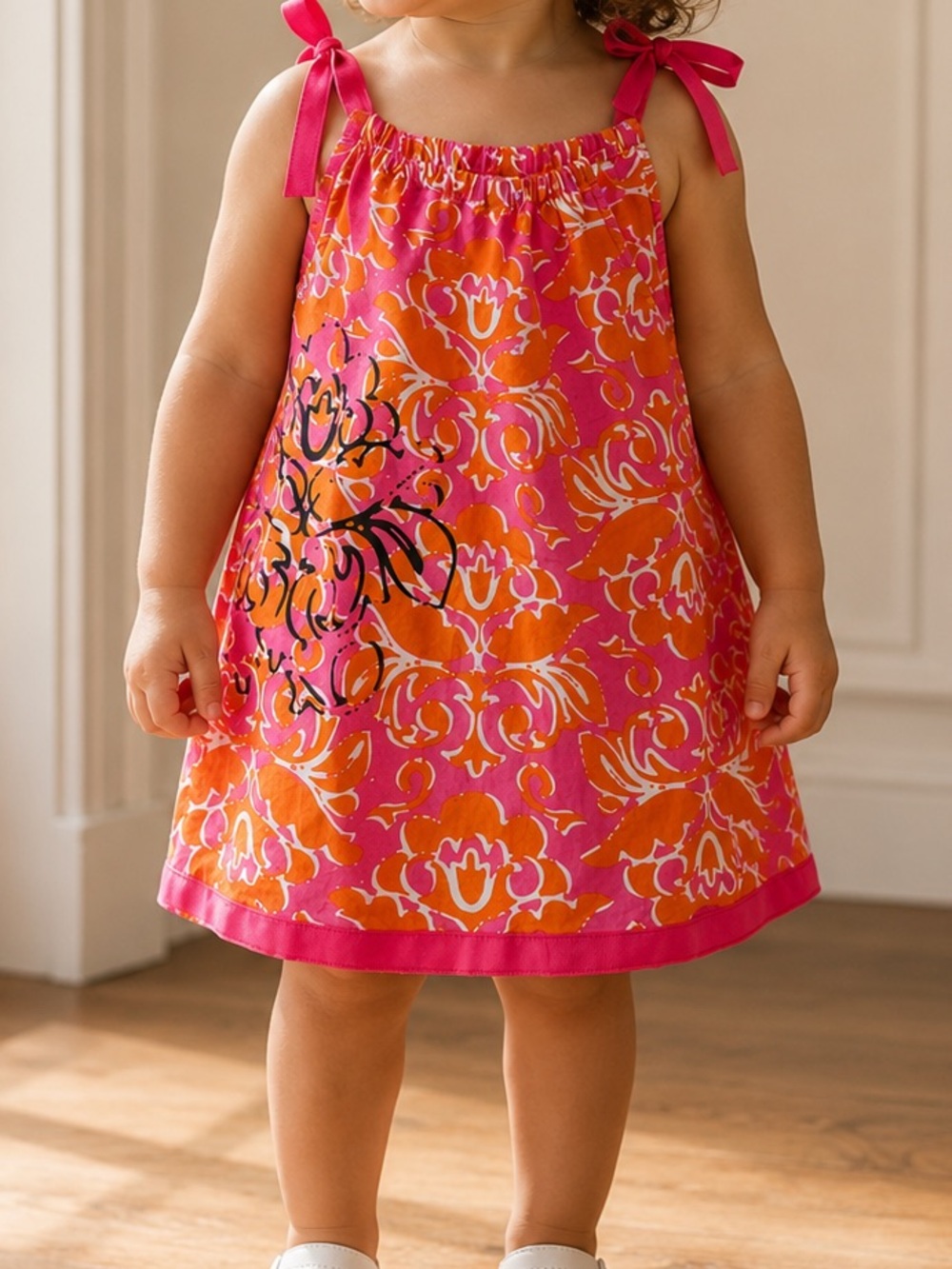Hanna Andersson 100% Cotton Hot Pink Orange Floral Tie-Shoulder Pillowcase Dress